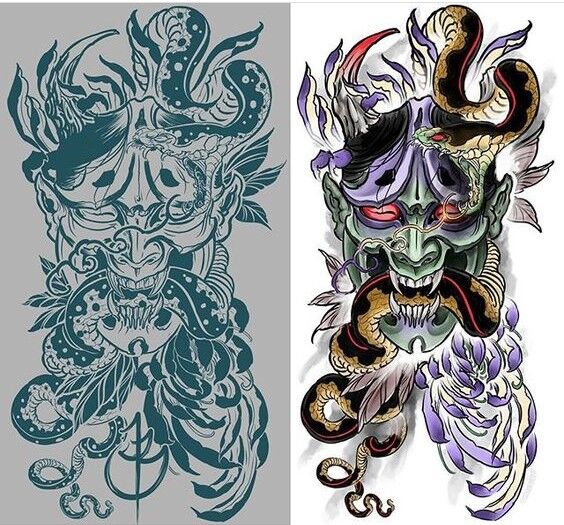 demo hình xăm mặt quỷ và rắn có màu và không màu