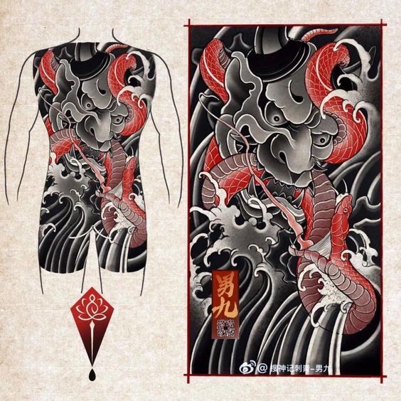 phác họa hình xăm kín lưng mặt quỷ đen và loài rắn đỏ