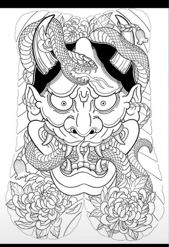 phác họa hình xăm mặt quỷ kết hợp với rắn và hoa bỉ ngạn