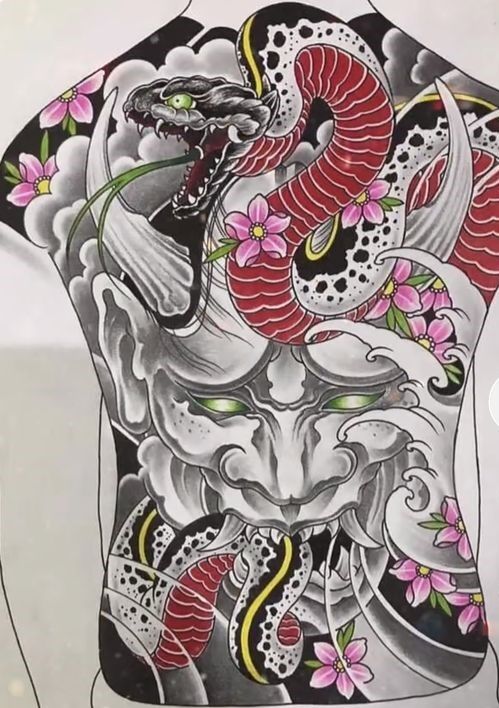 phác họa tattoo mặt quỷ kết hợp họa tiết rắn và họa tiết hoa anh đào nhật bản