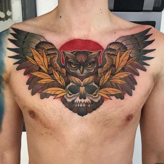 mẫu tattoo con cú và đầu lâu ấn tượng