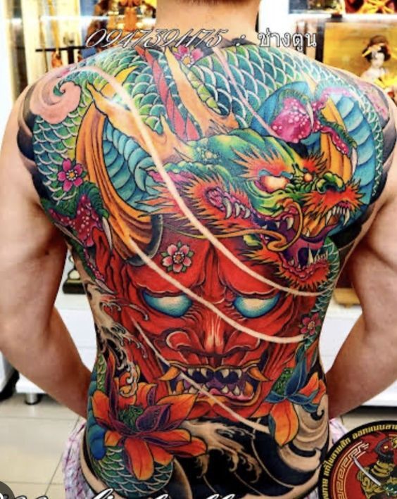 tattoo mặt quỷ đỏ với con rồng cực đẹp