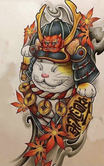 phác họa hình xăm mèo samurai