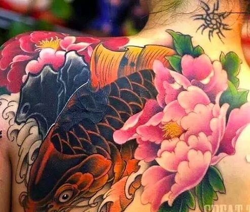 tattoo cá chép cam kết hợp họa tiết hoa mẫu đơn hồng cực chất