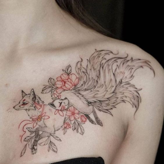 tattoo hồ ly chín đuôi ở ngực cực đẹp