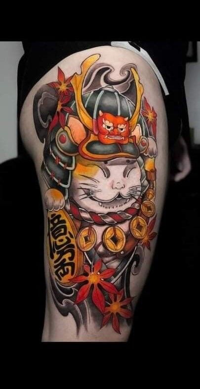 tattoo mèo thần tài samurai