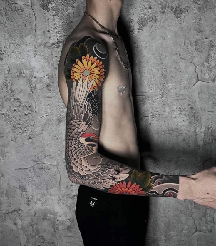 mẫu tattoo con cái hạc full cánh tay rất rất đẹp