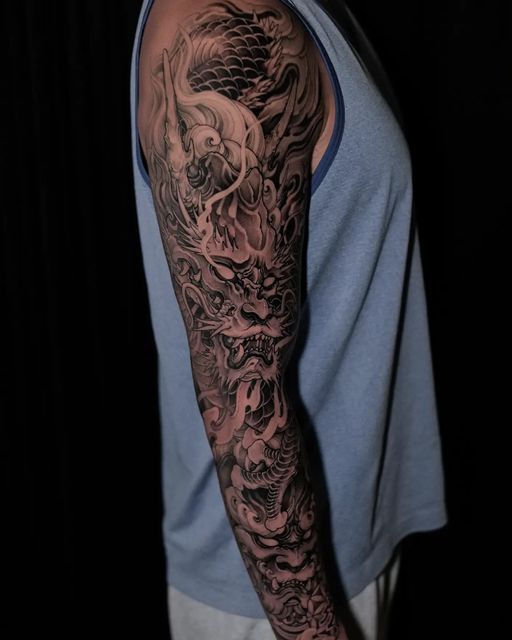 tattoo rồng kết hợp lân kín tay cực chiến