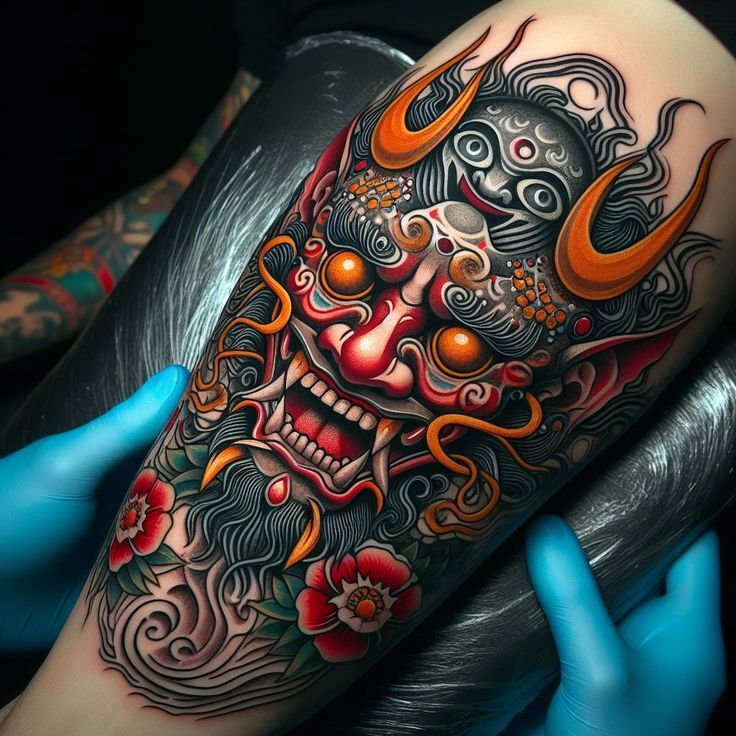 không thể rời mắt với mẫu tattoo mặt quỷ ở bắp chân