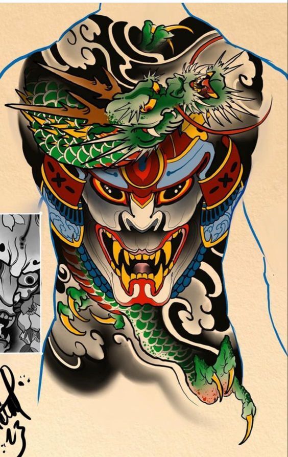 tattoo mặt quỷ đội mũ samurai kết hợp rồng xanh