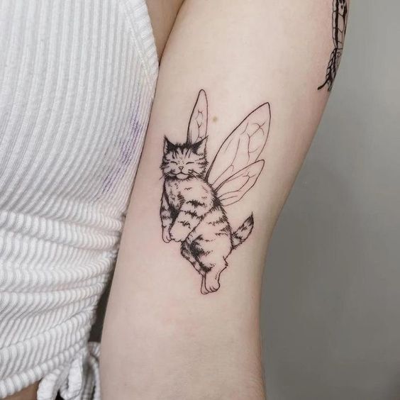 tattoo con mèo có cánh siêu đáng yêu trên cánh tay