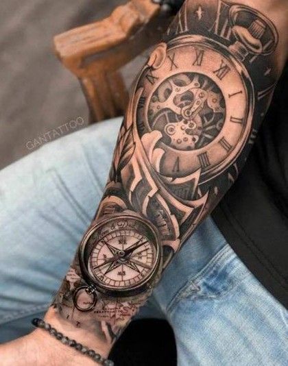 tattoo đồng hồ la mã cùng với la bàn